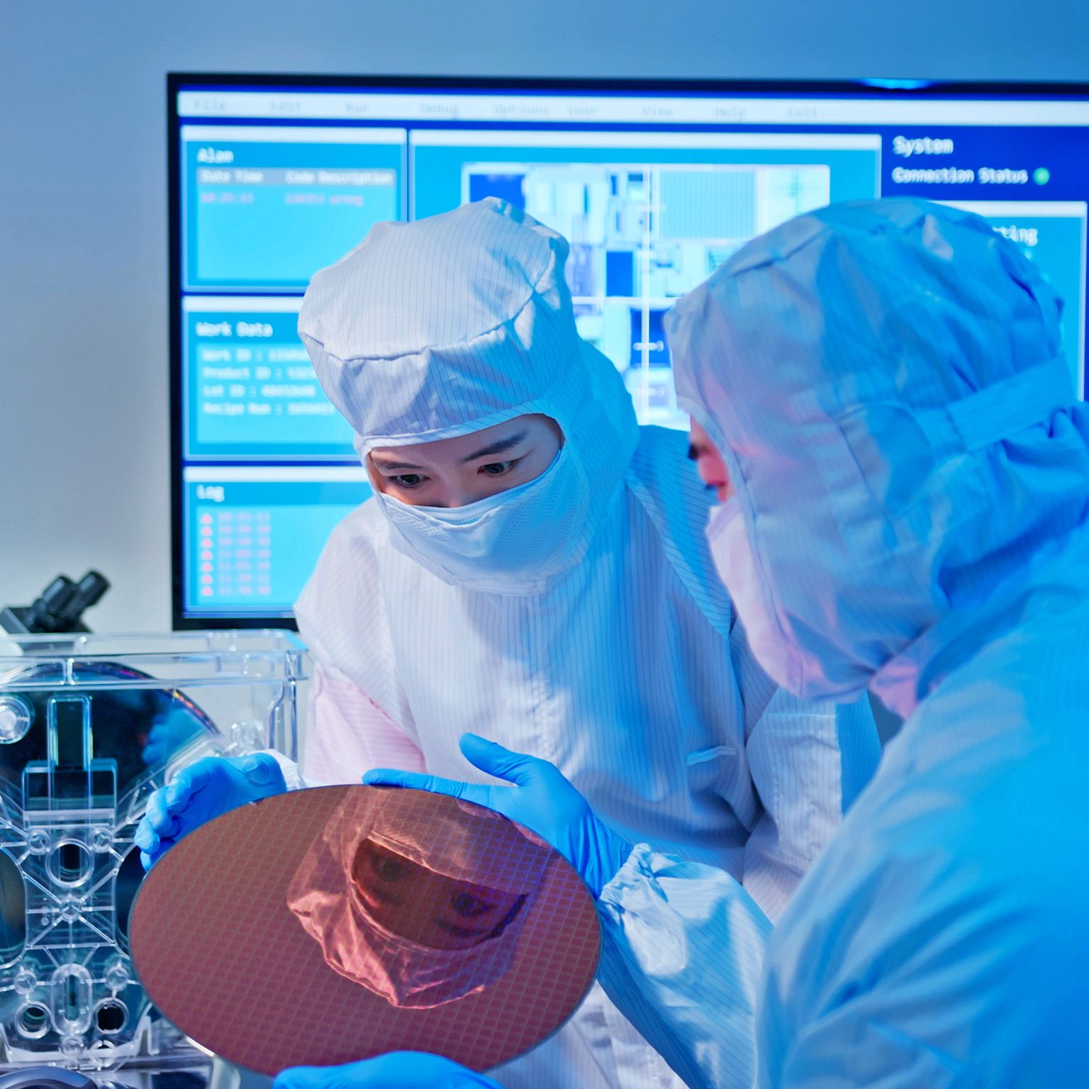 Two Asian technicians in sterile coverall hold wafer with gloves and check it at semiconductor manufacturing plant