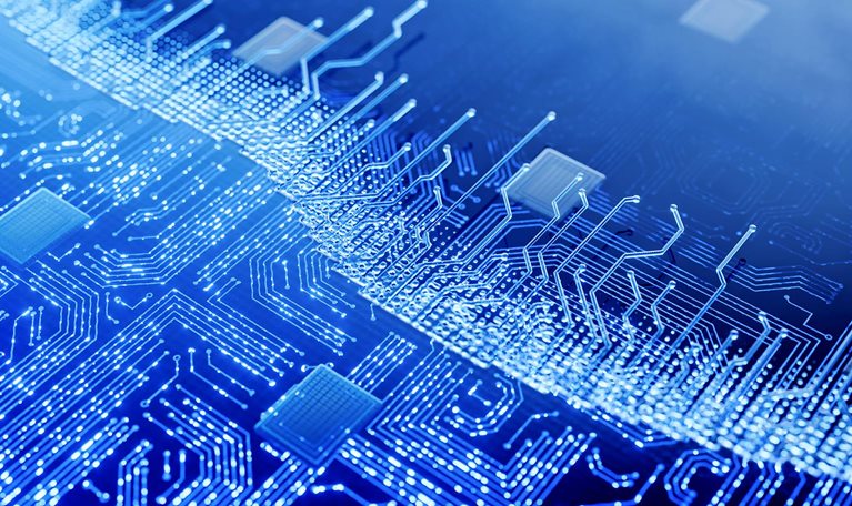 Abstract technology image of starting up circuit board and next generation semiconductors.