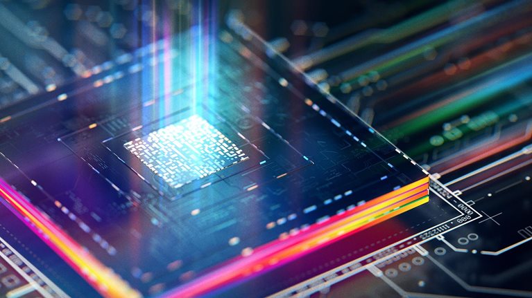 Futuristic central processor unit. Powerful Quantum CPU on PCB motherboard with data transfers.