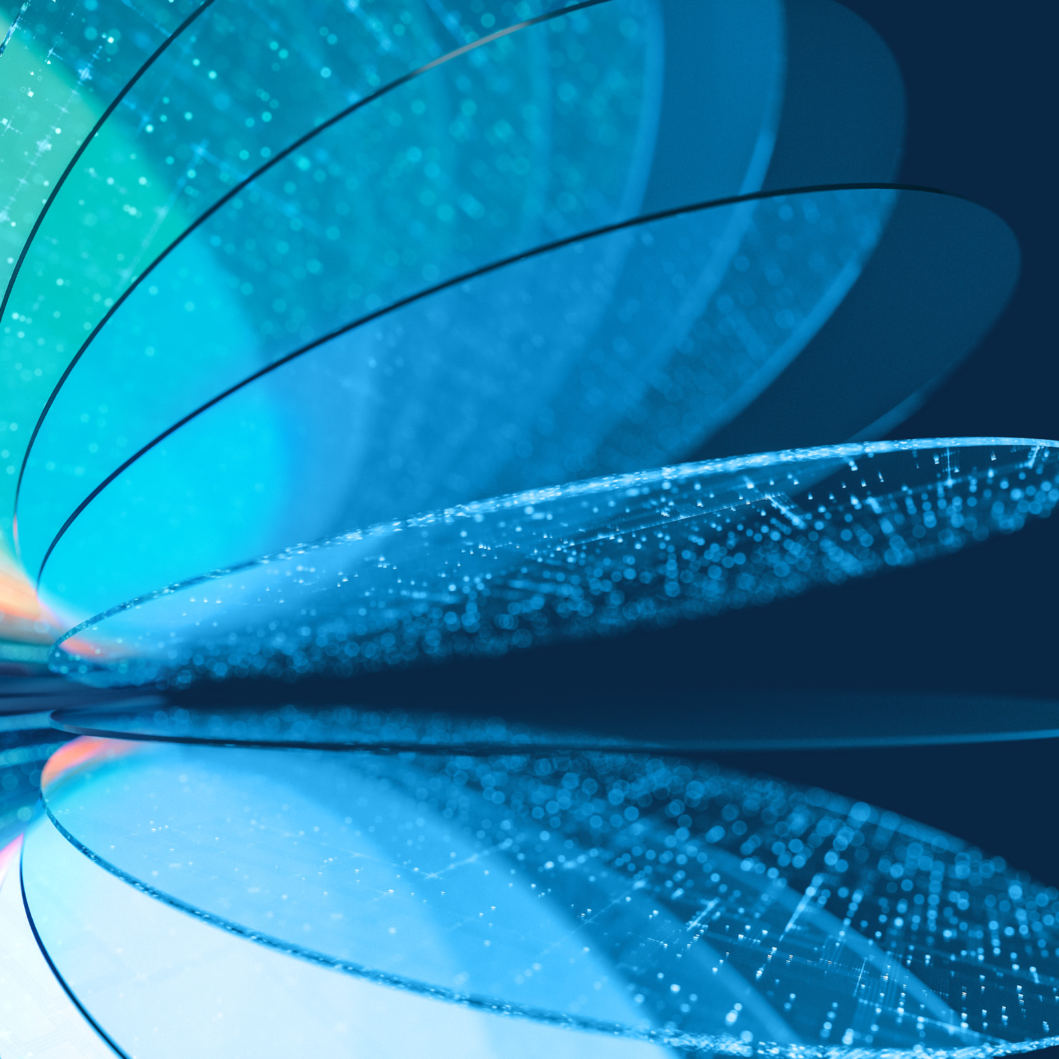 An abstract close-up of layered, translucent curved silicon wafer like forms in shades of blue, teal, and pale orange, with glowing dotted textures along their surfaces. The shapes overlap and reflect across a dark blue background.