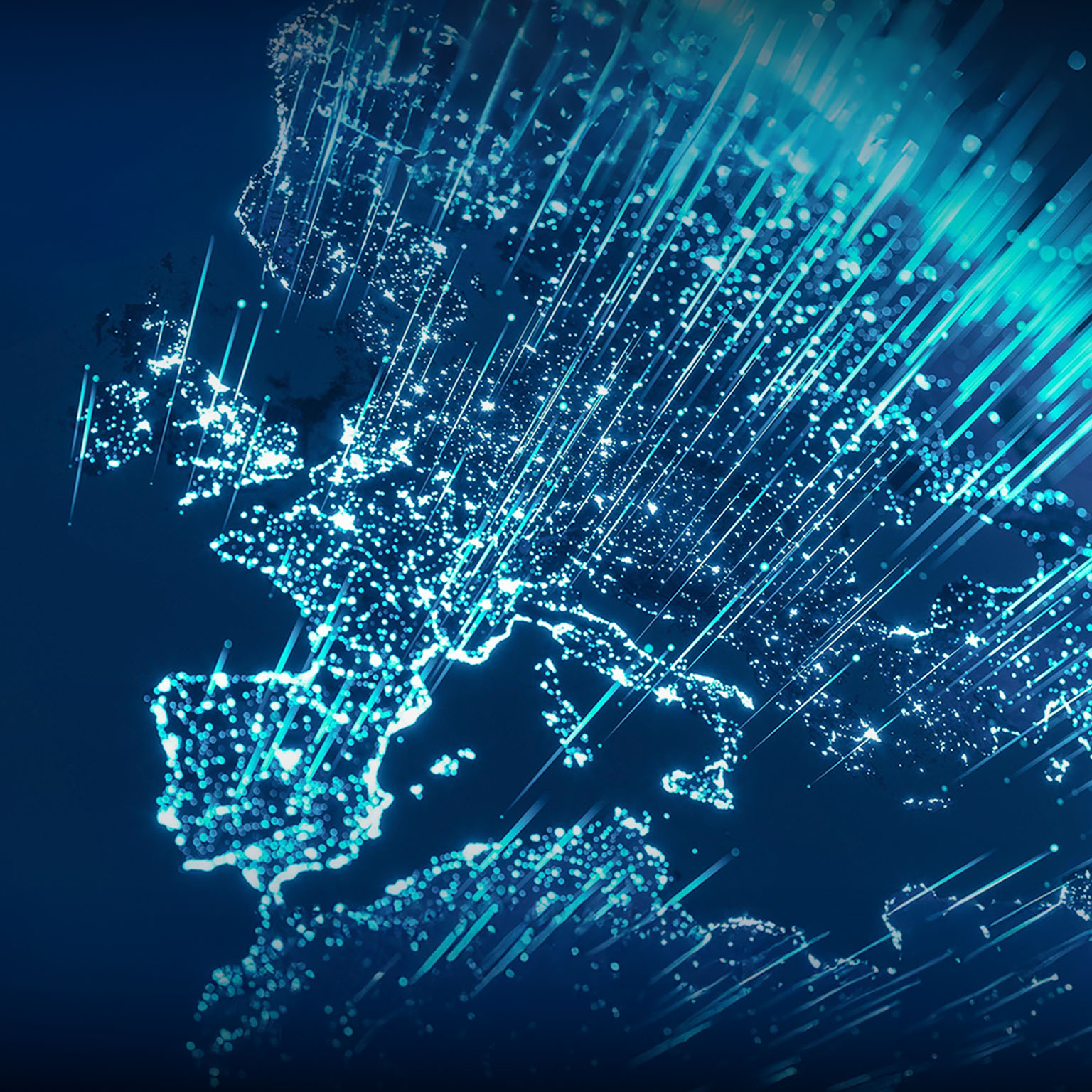 Global Communications. Map glowing with bright points of light scattered across globe. (World Map Courtesy of NASA)