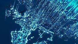 Global Communications. Map glowing with bright points of light scattered across globe. (World Map Courtesy of NASA)
