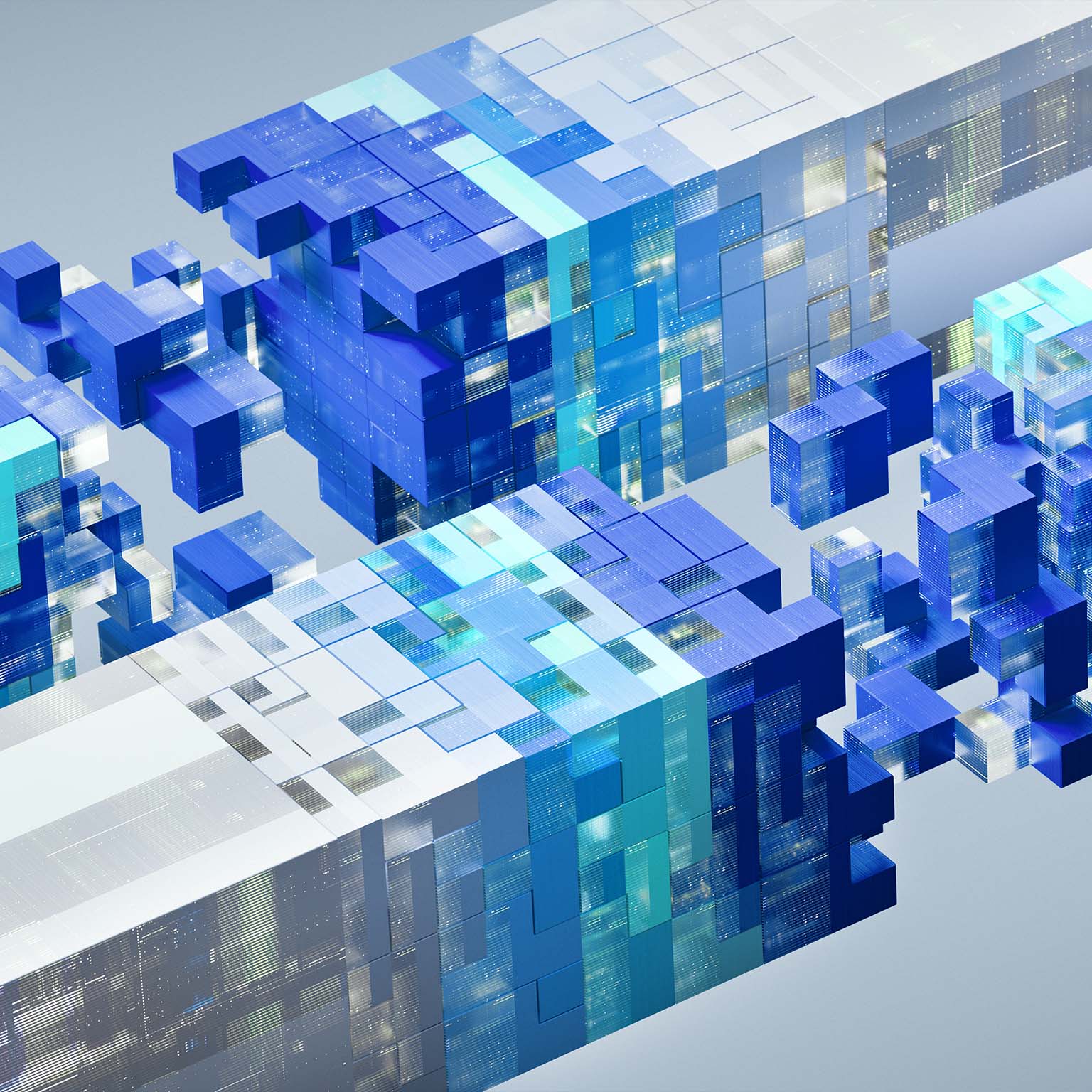 A vibrant visualization of interconnected data blocks representing the seamless integration of artificial intelligence and digital infrastructure. This image captures the dynamic process of innovation as data flows and transforms through intelligent systems.