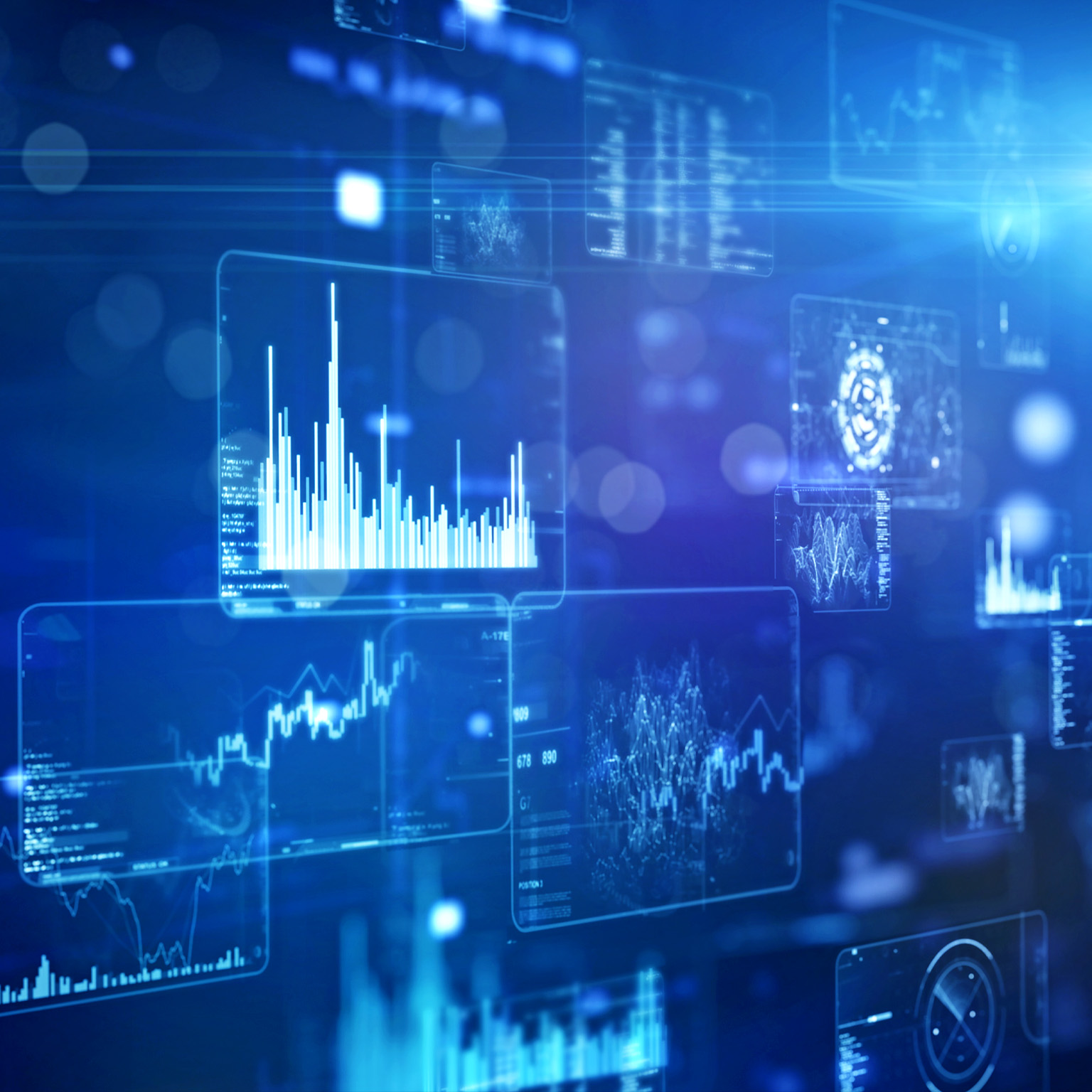 Close up of a futuristic computer monitor with information data in a vibrant blue