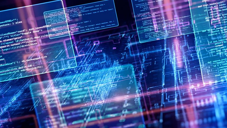 Abstract visualization of floating programming code windows on a glowing cyber grid
