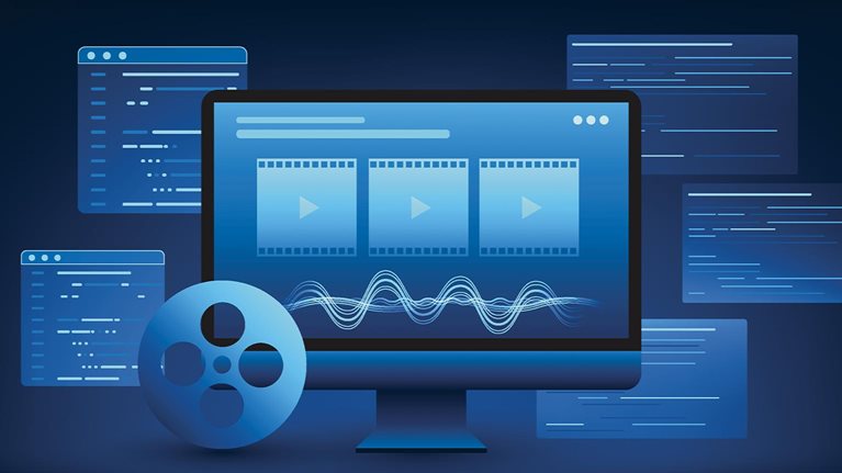 Computer screen showing the workings of AI in generating video, with program code behind it, representing the process of automatically creating videos with Generative AI, processing, and creativity.