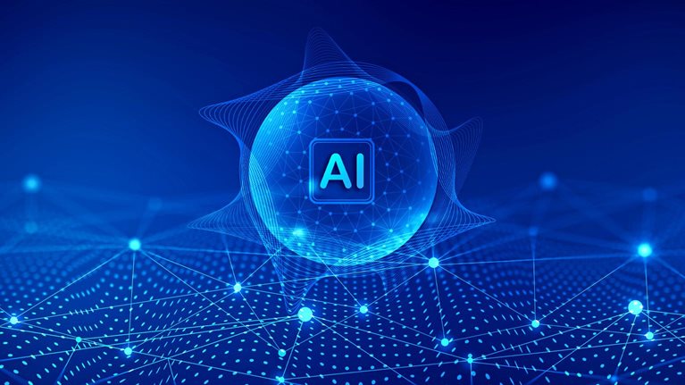 A blue sphere with the letters "AI" in a square on its surface, encircled by delicate wave-like lines. This sphere is positioned above a blue network of connected dots, creating a digital, futuristic aesthetic.