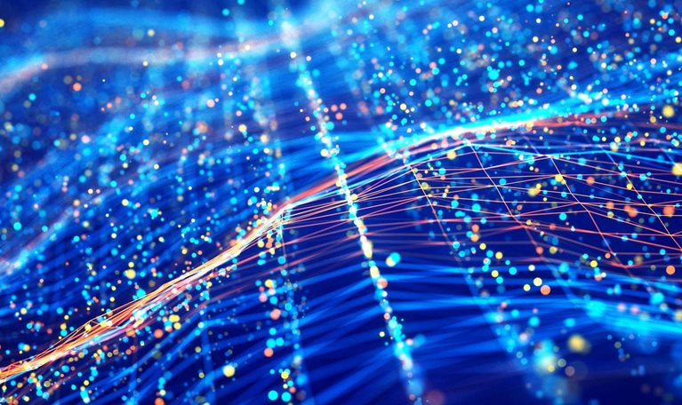 An digital illustration of an abstract network wave and glowing blue and orange particle data on dark background