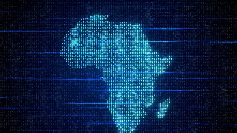 Futuristic Blue Shinny Digital Hud Square Elements Mosaic Grid Map Of Africa Flat Screen With Horizontal Light Streaks