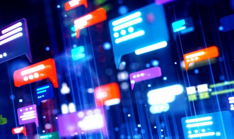 A 3D image depicting a network of digital communication and AI, represented by colorful chat bubbles floating above a blue digital landscape.