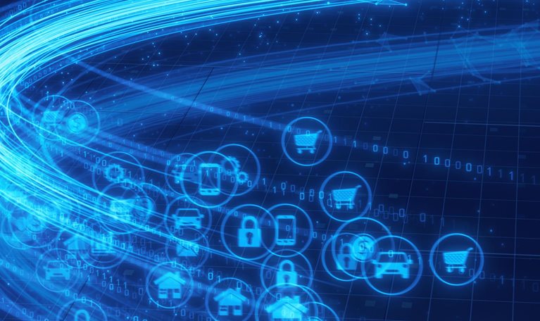 Abstract image of network structure changing to particle data, plexus, binary, and GUI applications.