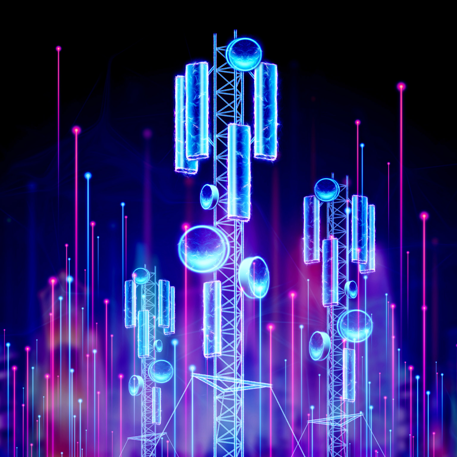 3D rendered communication towers with light lines ascending around them. The towers and lines are depicted in neon blues and purples against a dark background.