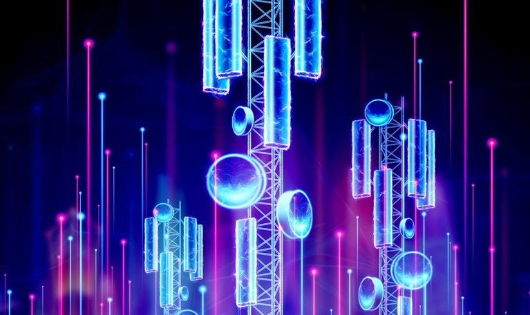 3D rendered communication towers with light lines ascending around them. The towers and lines are depicted in neon blues and purples against a dark background.