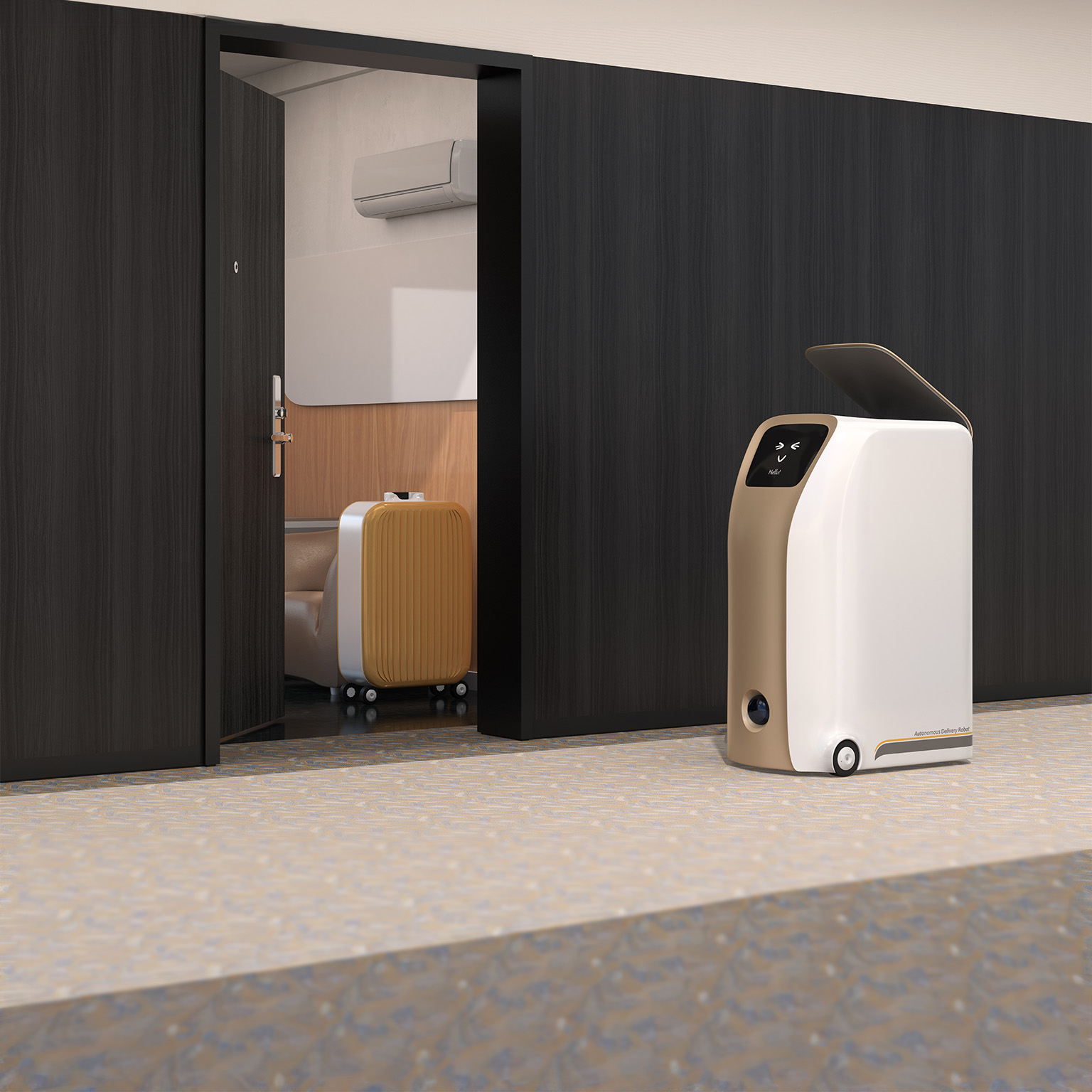 Delivery robot stopped beside room in hotel waiting for pick up - stock photo