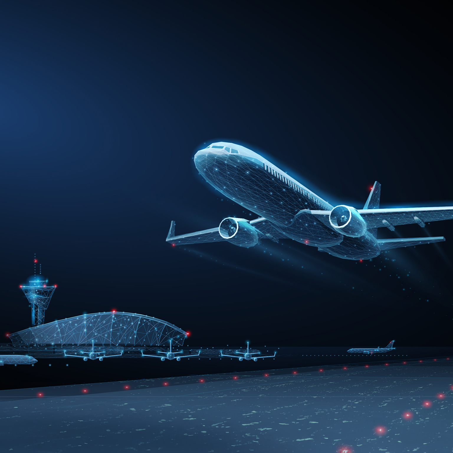 Takeoff of an airplane with an airport in background.  - stock illustration