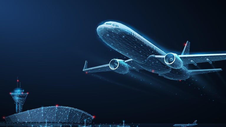 Takeoff of an airplane with an airport in background.  - stock illustration