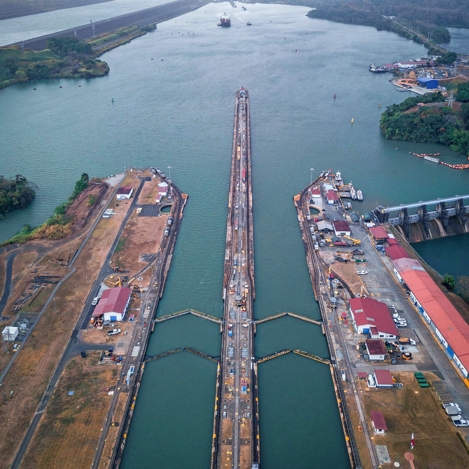 Aerial view of the Miraflores Locks on the Panama Canal