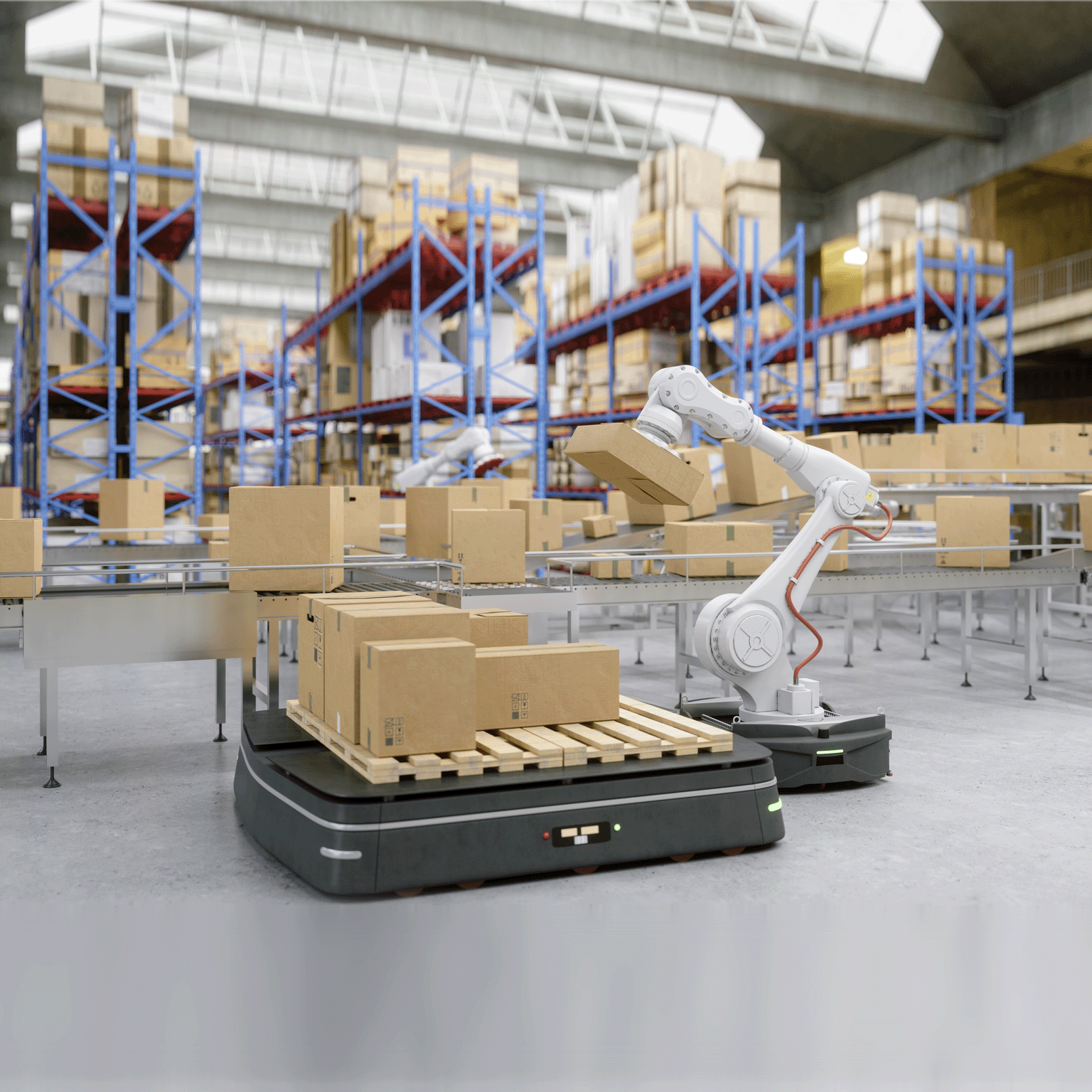 photo of robot loading pallet in warehouse