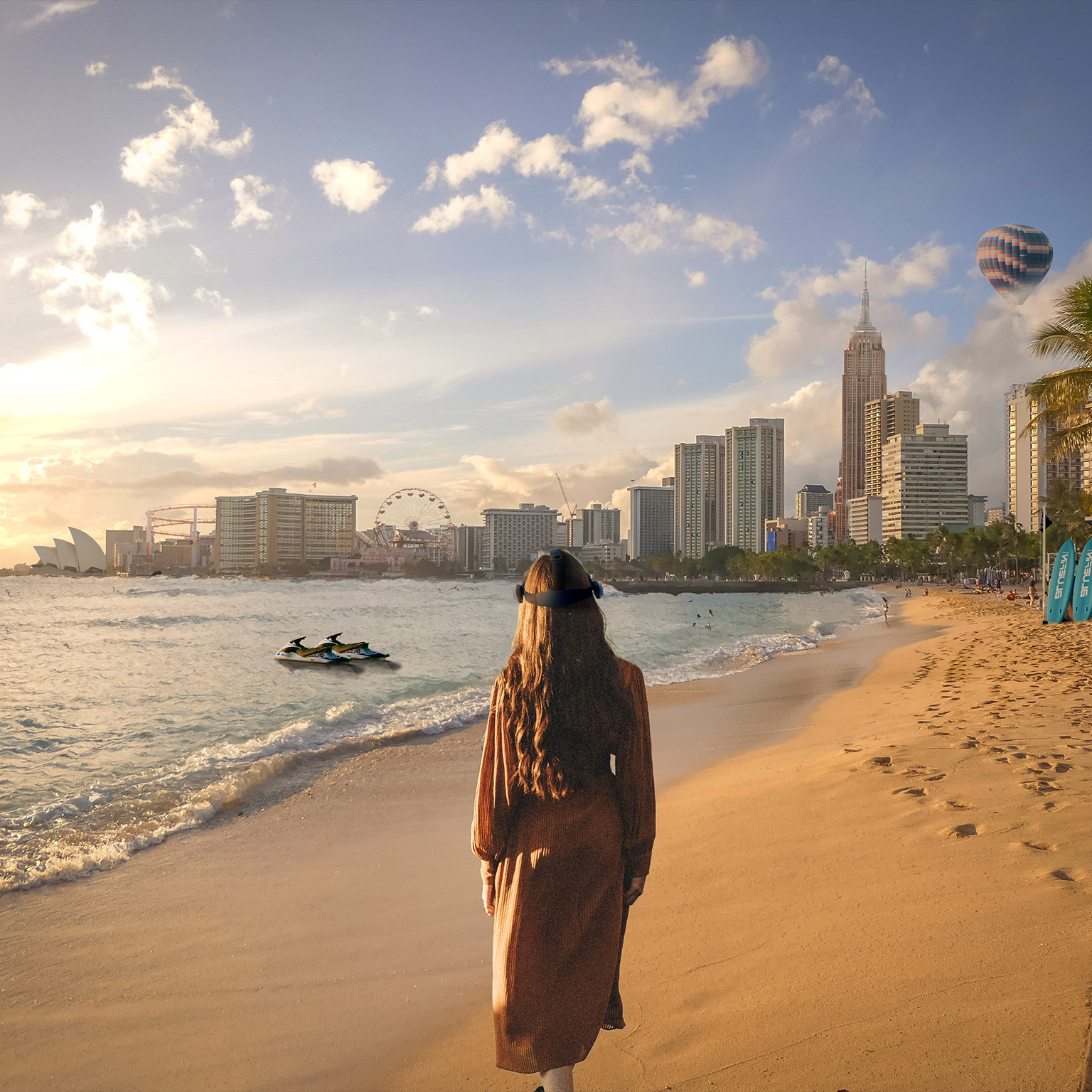 metaverse view of woman standing on beach, looking at city - illustration