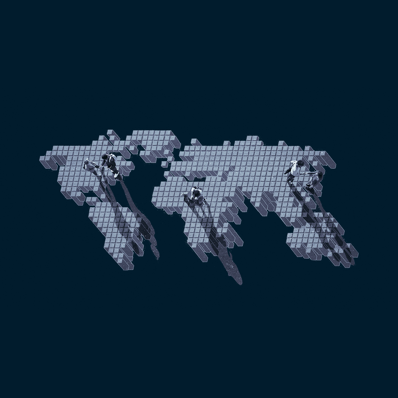 Top view of 3 pairs of people talking, while standing on world map, painted on asphalt - stock photo