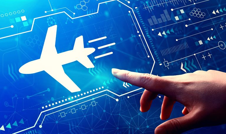 A hand reaching toward a glowing digital interface featuring the silhouette of an airplane. The background is filled with abstract data visuals and network-like graphics, set against a deep blue gradient.