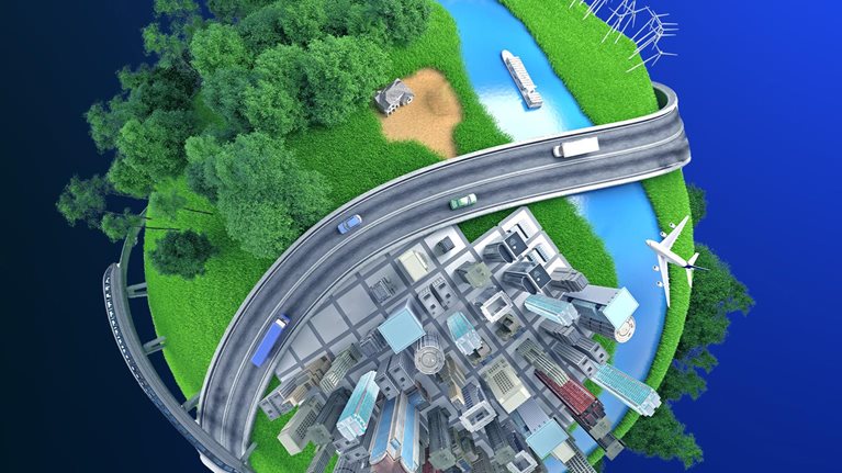 Illustration of the globe surrounded by sustainable growth