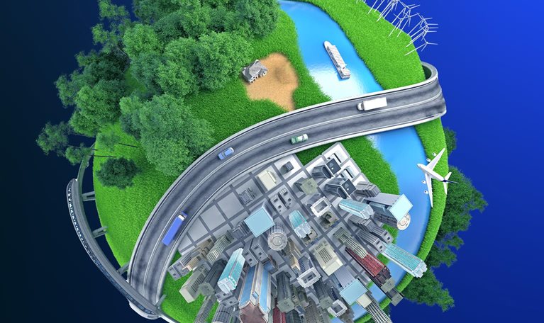 Illustration of the globe surrounded by sustainable growth