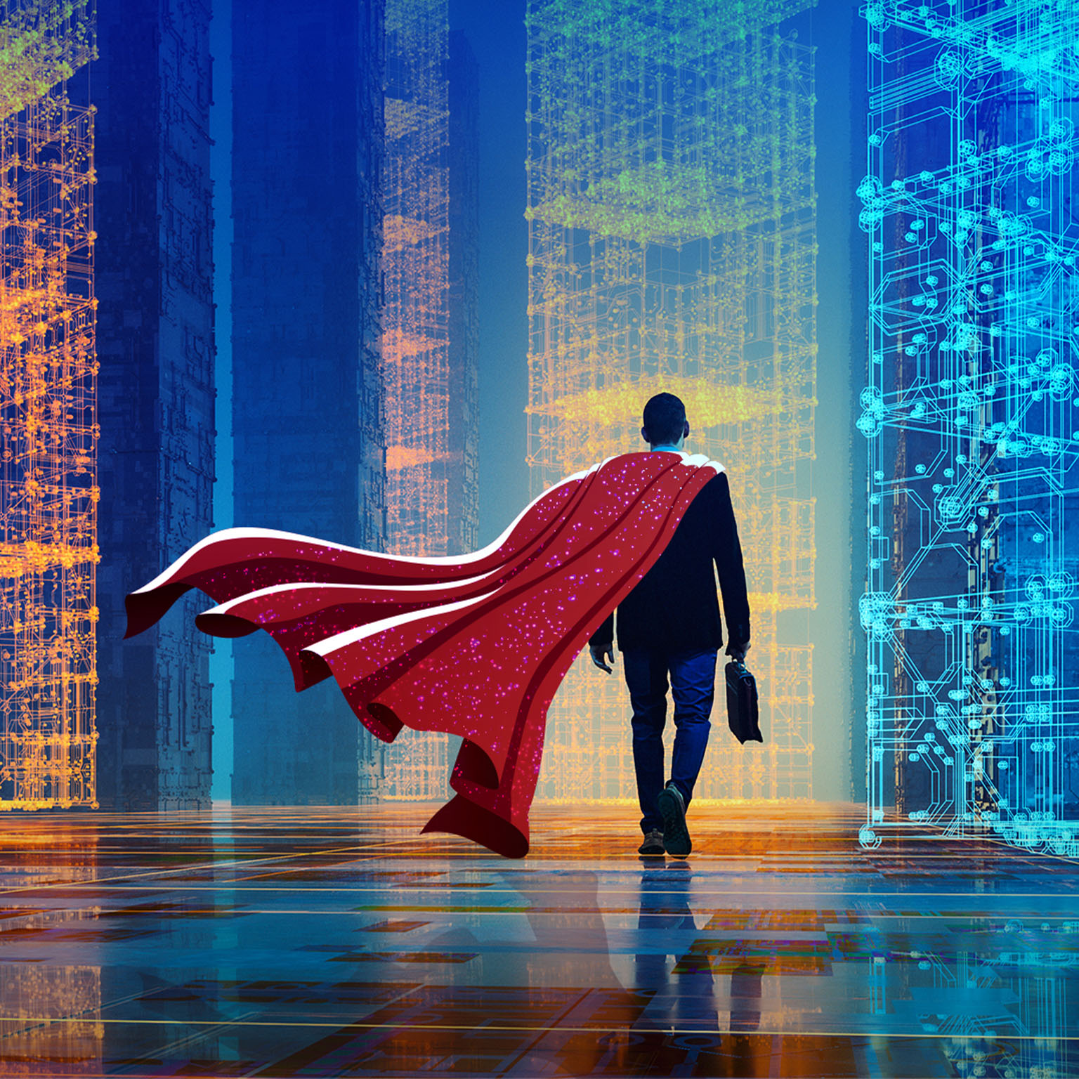 Businessman with briefcase and cape walking into digital gen ai future.