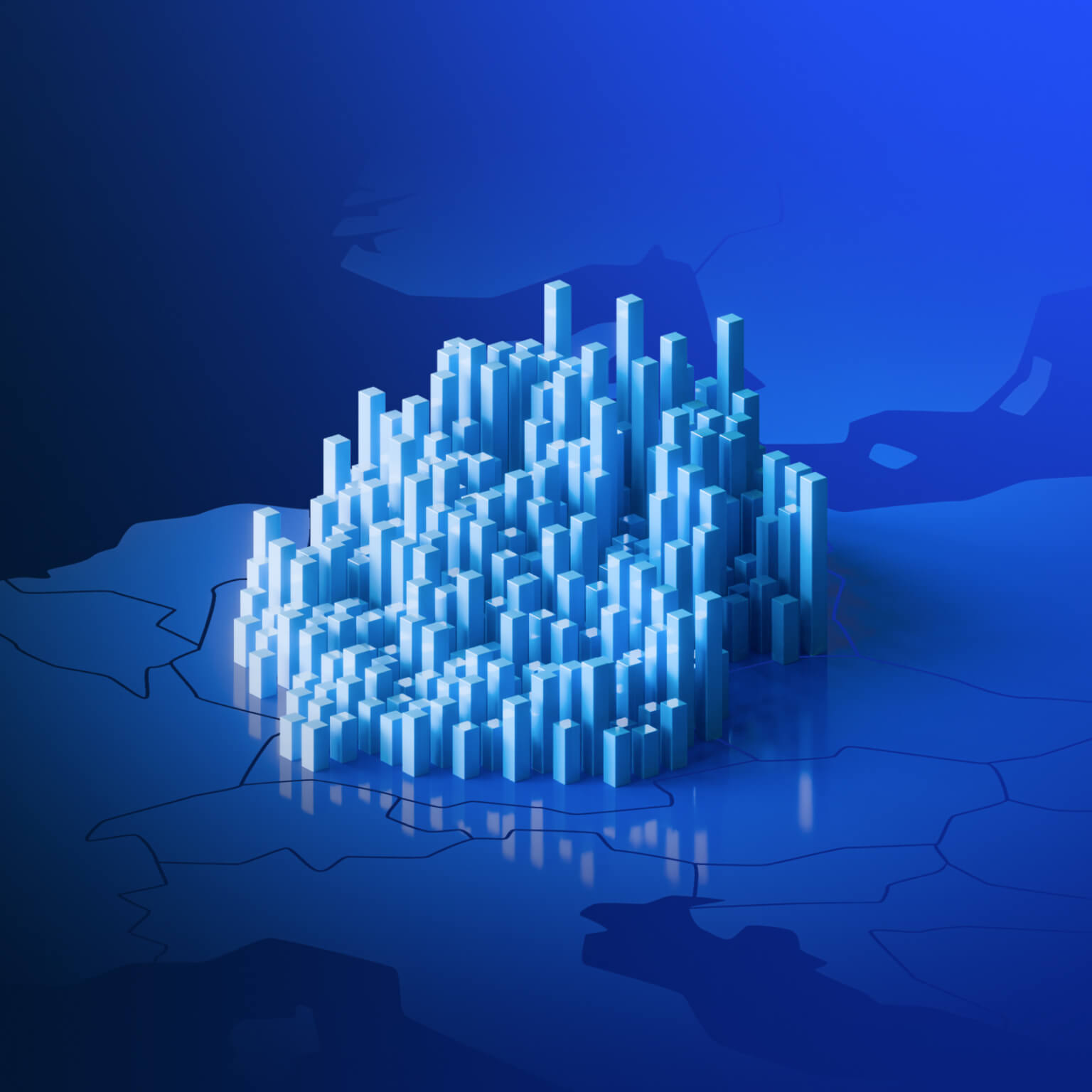 This 3D illustration features a futuristic, abstract city landscape.