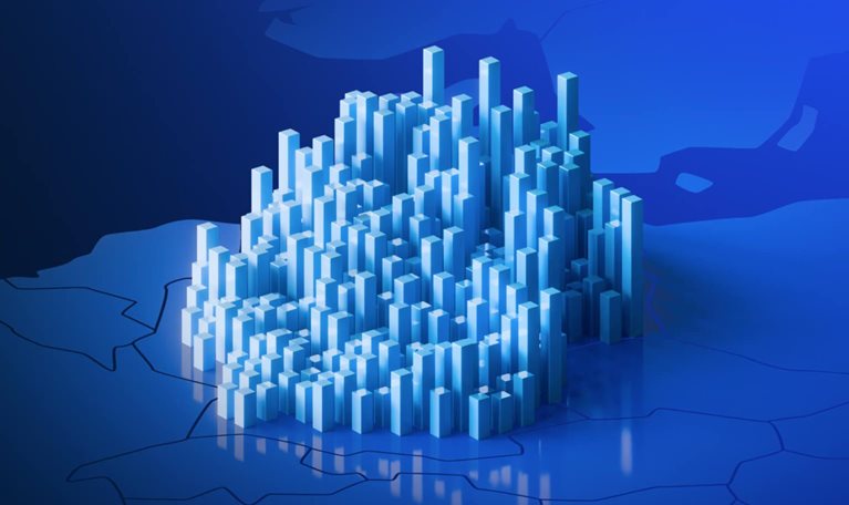 This 3D illustration features a futuristic, abstract city landscape.