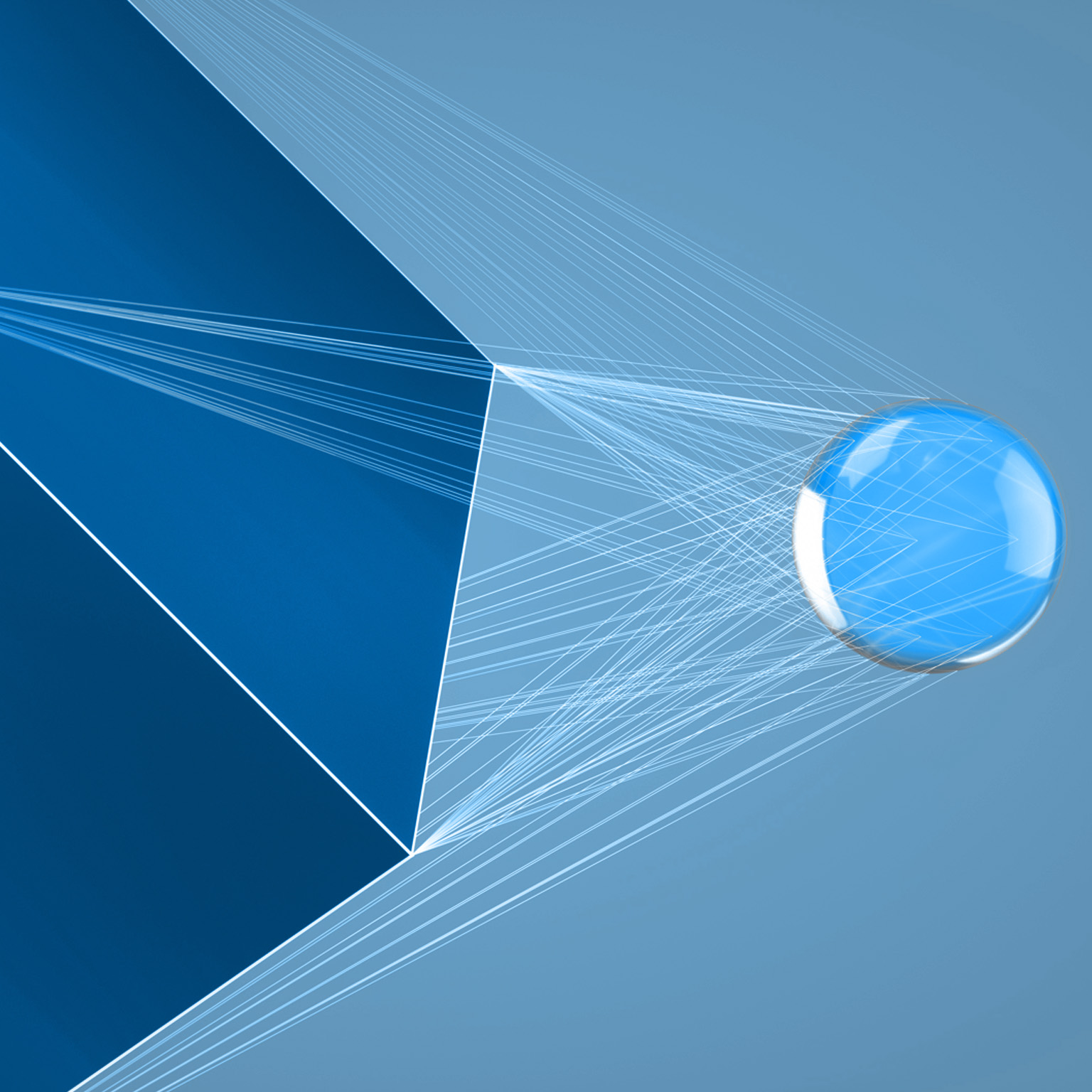Digital generated image of spline connections between large cube and glowing sphere on blue background.