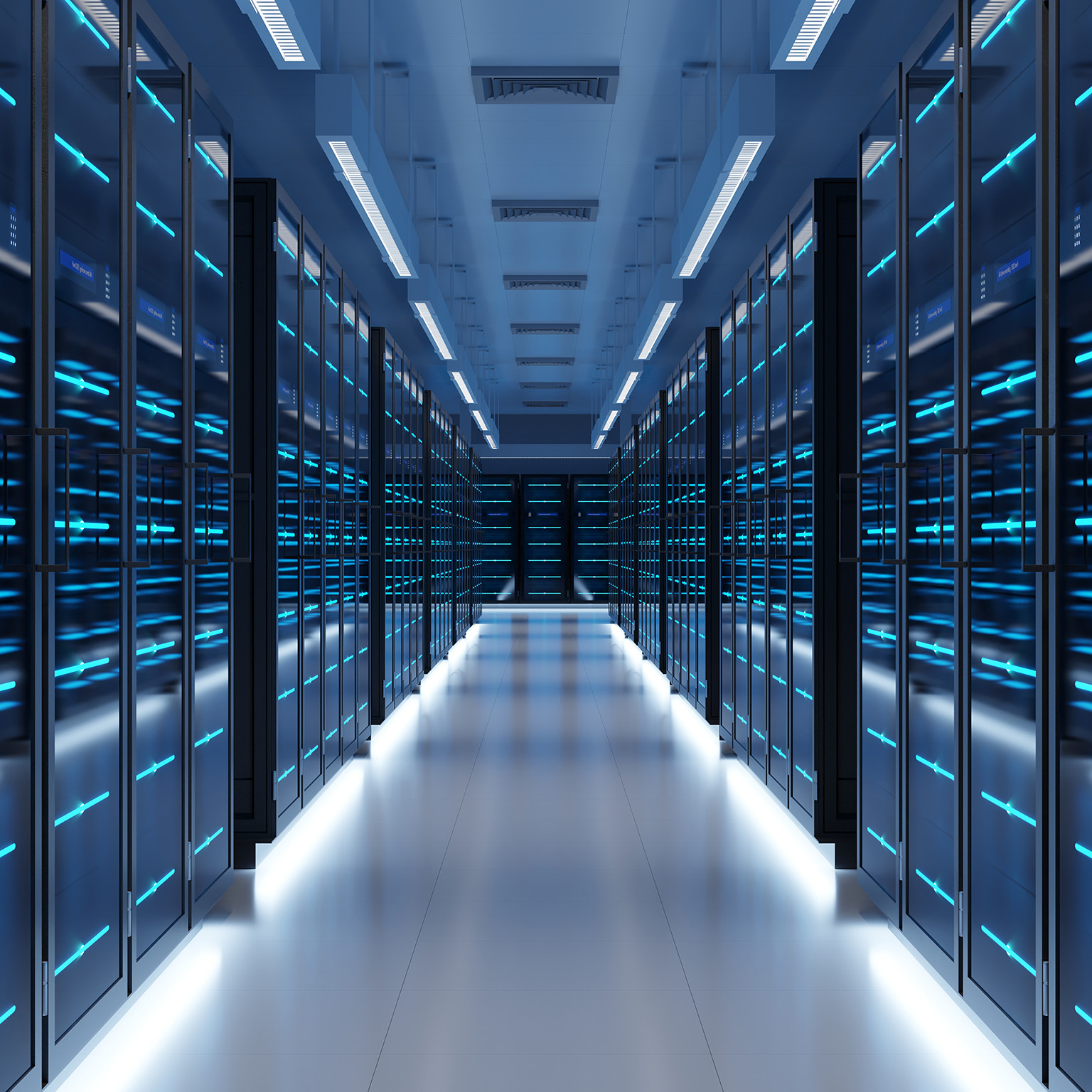 This image shows a modern data center facility designed for high-performance computing, such as AI workloads or cloud services.