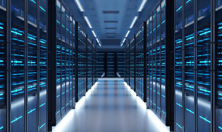 This image shows a modern data center facility designed for high-performance computing, such as AI workloads or cloud services.