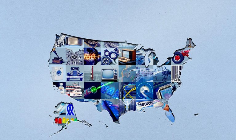 A cutout silhouette of the United States filled with a collage of photographs representing American technological innovations spanning 250 years. Inside the map are images of inventions and advancements such as vintage cars and televisions, farm equipment, computer chips, servers, DNA strands, medical scanners, and digital technology, symbolizing America’s technological progress and competitive edge.