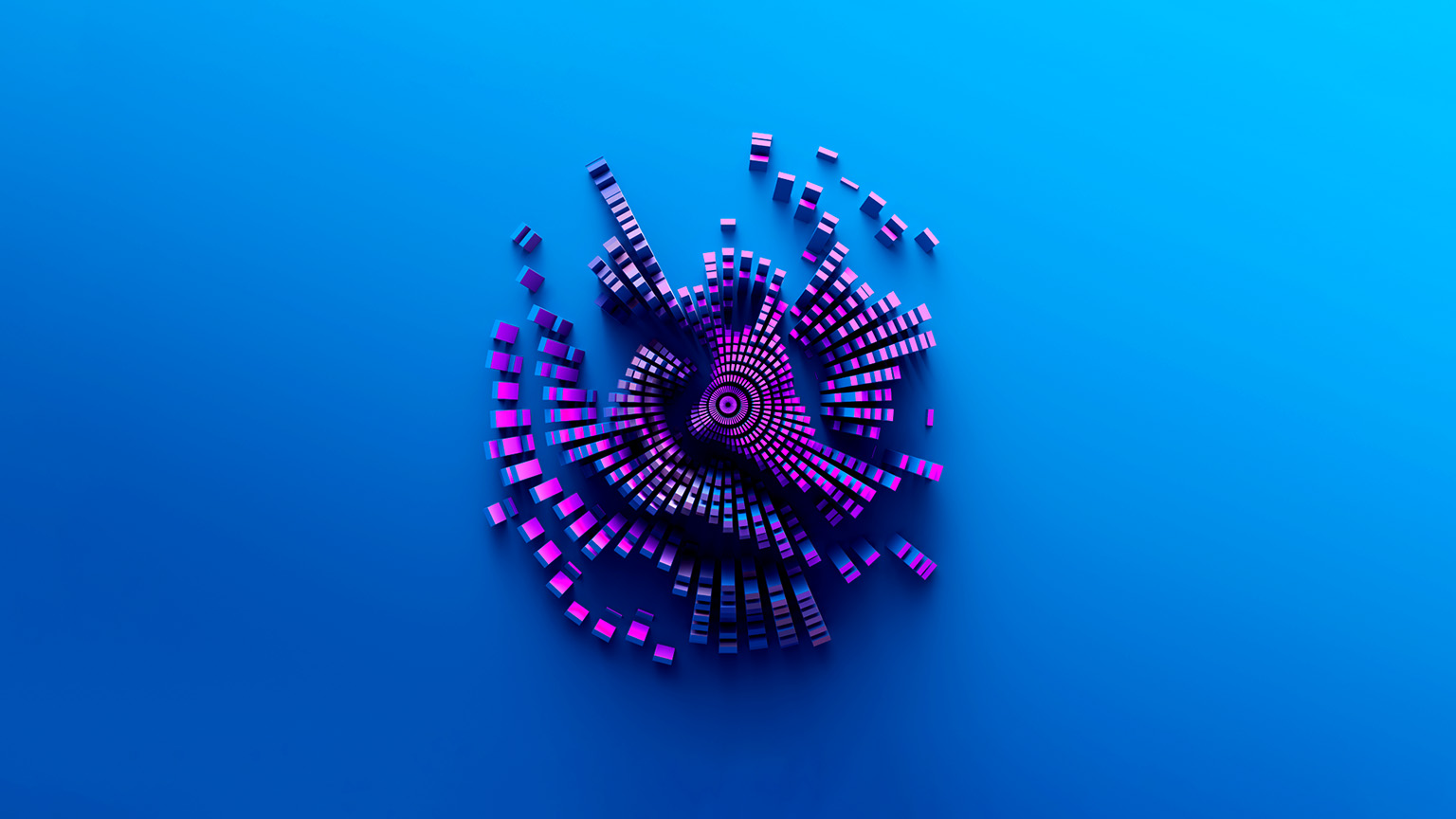 An abstract image of 3d geometric blocks forming a geographic type shape in a wavy dynamic pattern.