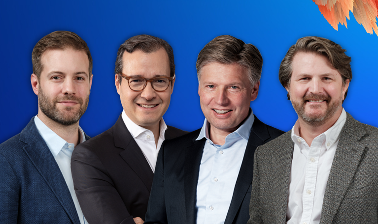 The image features Marc Canal, Nick Leung, Sven Smit, and Chris Bradley, the core authors of the McKinsey Global Institute book titled "A Century of Plenty: A Story of Progress for Generations to Come." They pose together and smile at the camera against a vibrant blue backdrop. Colorful painterly brushstrokes in warm orange and cool teal tones frame the image on either side.