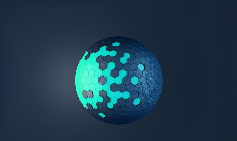 A sphere composed of hexagonal panels, some dark blue and others glowing teal. The sphere appears three-dimensional and has a slightly textured surface, giving it a metallic feel.