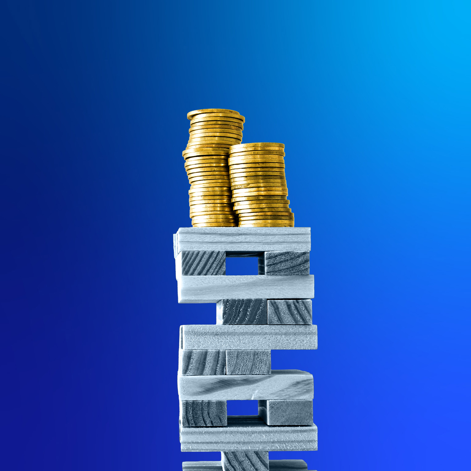 Stacks of gold coins rest on top of a precarious tower made of wooden rectangular blocks against a deep blue background.