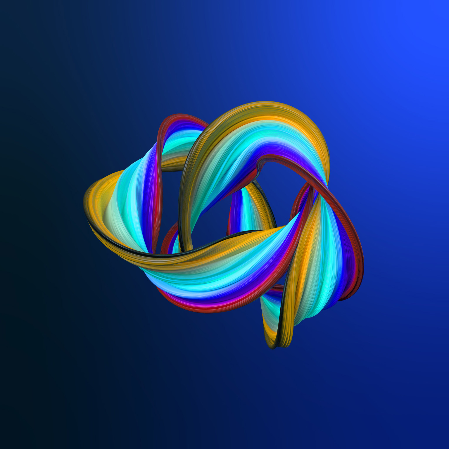 An abstract ribbon that twists and overlaps, resembling a multicolored mobius strip. The ribbon is striped with colors including yellow, orange, teal, blue, and purple, and it is set against a dark blue background.