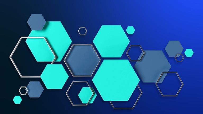 A collection of hexagonal shapes in different shades of blue and green, some fully colored while others have a metallic outline, float above a gradient blue background.
