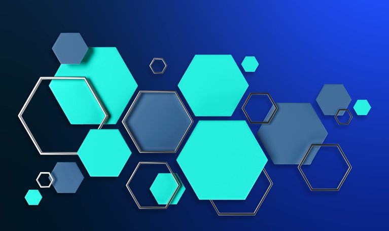A collection of hexagonal shapes in different shades of blue and green, some fully colored while others have a metallic outline, float above a gradient blue background.