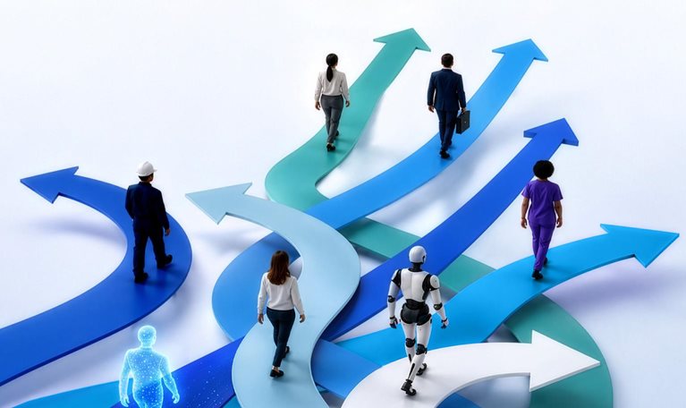 People in varied work attire, a humanoid robot, and a glowing human figure walk along overlapping blue, teal, and white arrow-shaped paths pointing in different directions on a white background; the text “AI created visual” appears at lower right.
