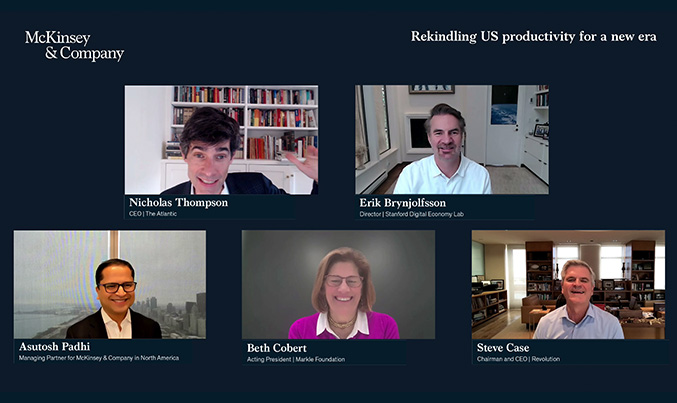 US productivity webinar Nicholas Thompson, Erik Brynjolfsson, Austosh Padhi, Beth Cobert, Steve Case