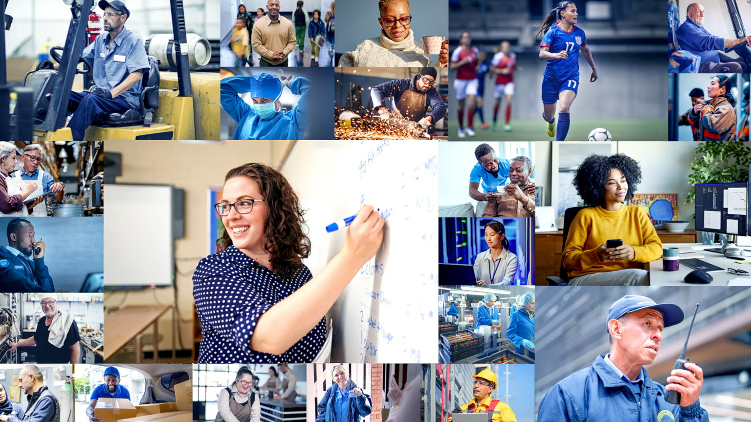 A video collage features a diverse array of people engaged in various professions and daily activities, including healthcare, manufacturing, education, technology, sports, and caregiving. The video is comprised of two mosaic scenes, each beginning in black and white and transitioning to color, thereby highlighting the message of enhancing workplace health.