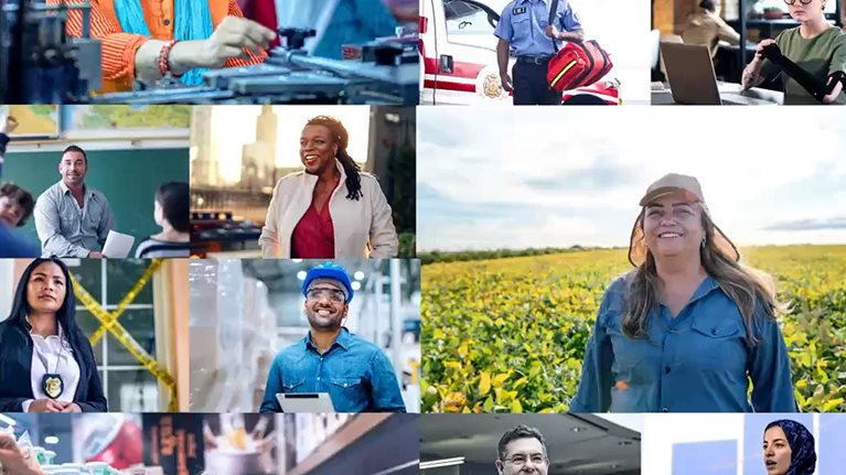 A video collage features a diverse array of people engaged in various professions and daily activities, including healthcare, manufacturing, education, technology, sports, and caregiving. The video is comprised of two mosaic scenes, each beginning in black and white and transitioning to color, thereby highlighting the message of enhancing workplace health.