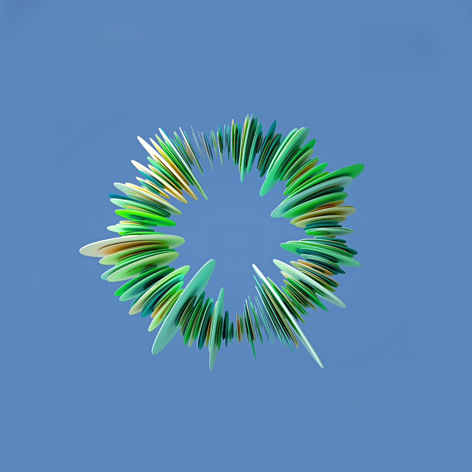 An abstract ring-like structure composed of many green, yellow, and blue layered, petal-shaped elements. It has a sense of depth and is set against a solid blue background.