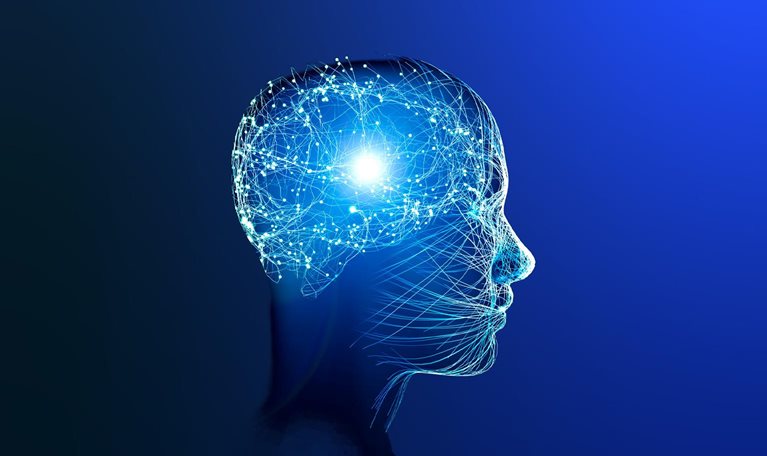 A stylized profile of a human head depicted in blue hues, with an illuminated network of lines and nodes symbolizing neural activity within the brain.