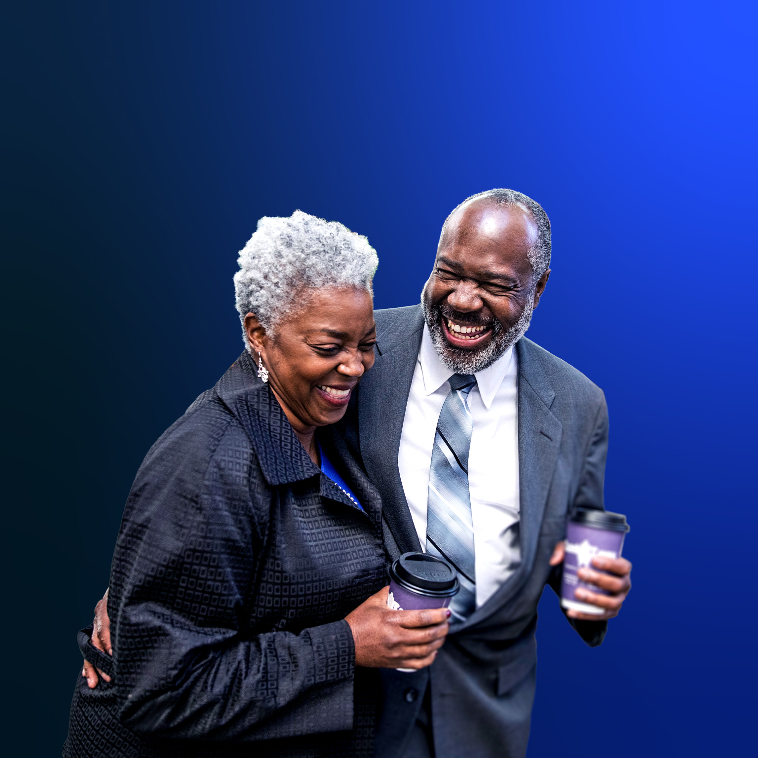 Elderly Black man and woman holding hot beverage tumblers 