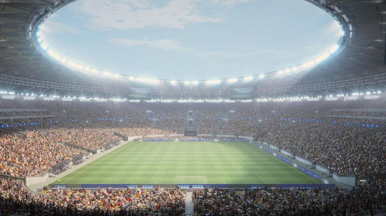 Day Aerial View of a Soccer Stadium During a Championship Match. the Field Is Surrounded by Enthusiastic Fans. Big Event with Happy Crowd.