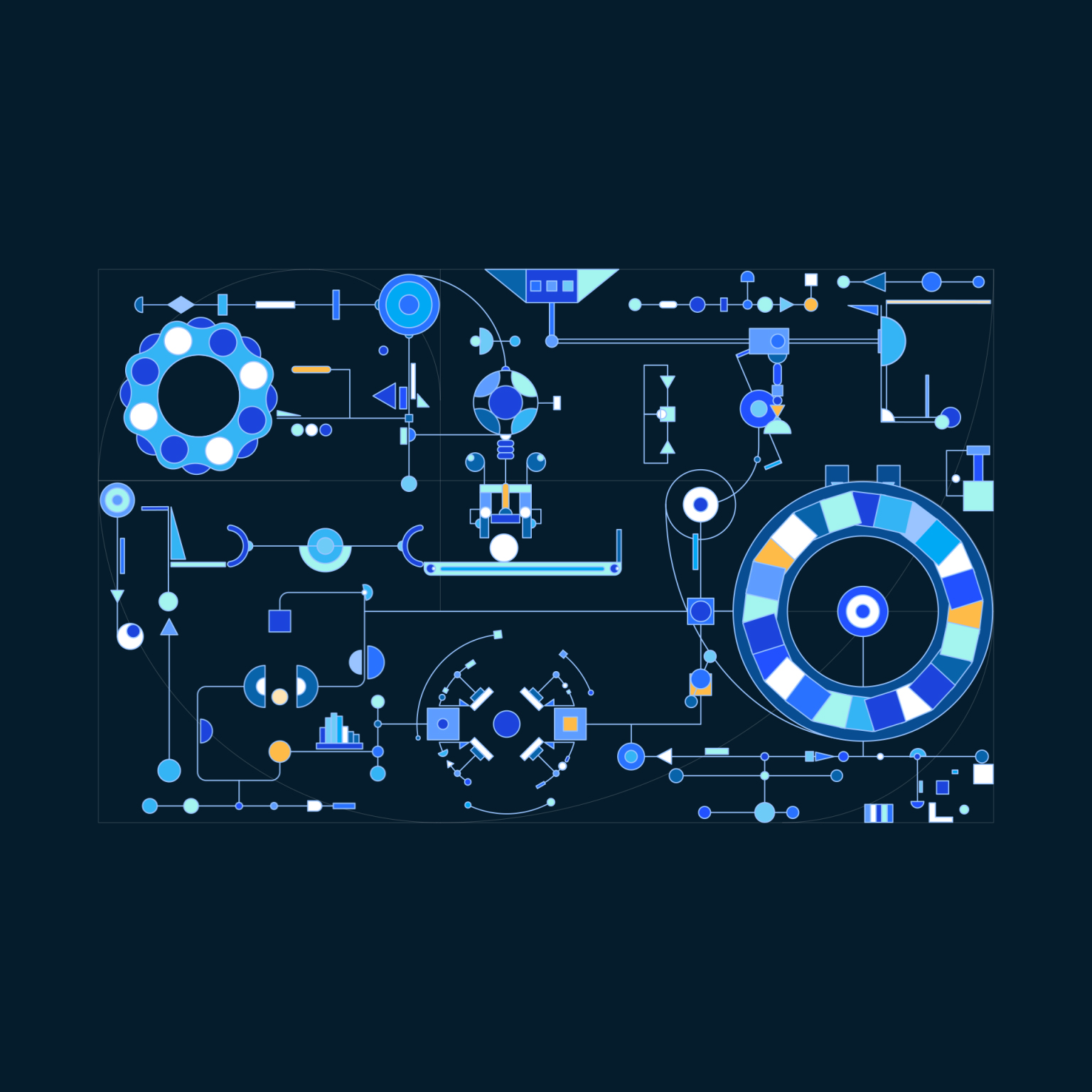 Abstract animation of colorful geometric shapes moving through an interconnected system, combining and transforming before accumulating in a large circular form that represents the business value created from AI investment.